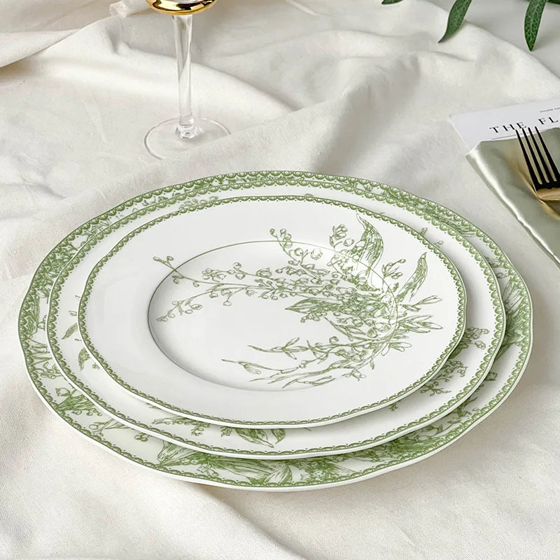 Light Luxury Emerald Green Lily of The Valley Ceramic Dinner Plate Set French Premium Cake Plate Elegant Tableware Restaurant