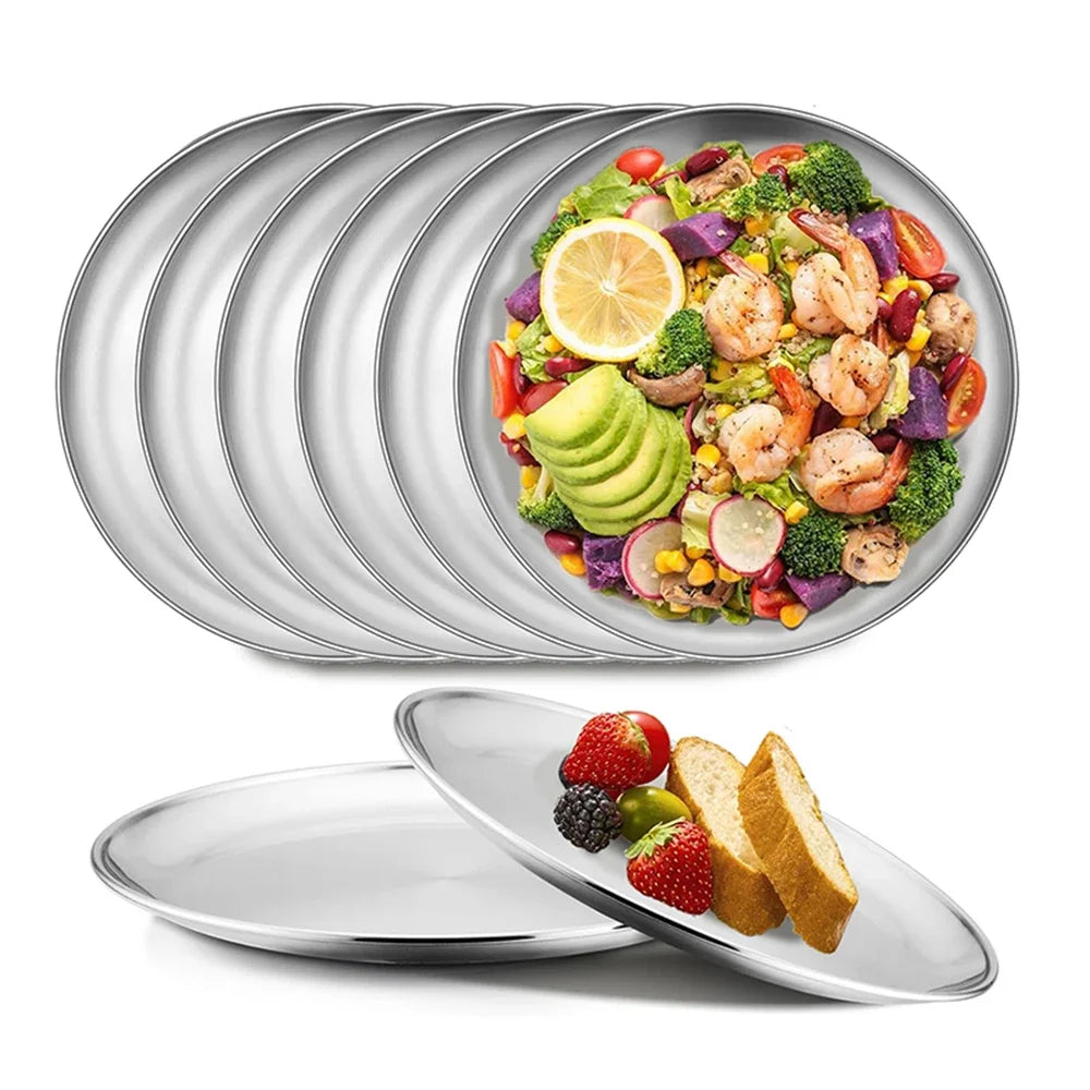 8Pcs Stainless Steel Metal Round Dining Disc Bone Spitting Dish High Quality Shallow Tray BBQ Disc Kitchen Plate Tableware
