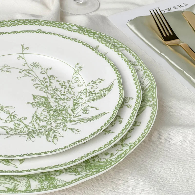 Light Luxury Emerald Green Lily of The Valley Ceramic Dinner Plate Set French Premium Cake Plate Elegant Tableware Restaurant